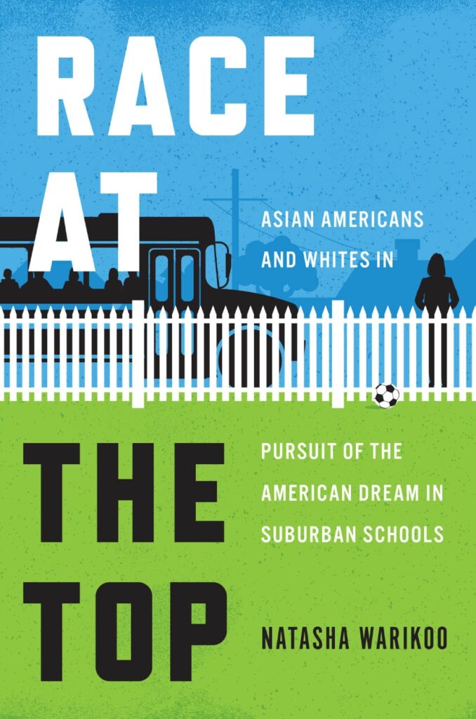 book cover of," Race at the Top," illustrated to depict a green lawn enclosed in a white picket fence with a school bus and neighborhood scene in the background. 